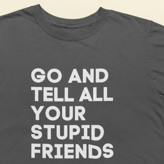 Gray t-shirt with white text 'GO AND TELL ALL YOUR STUPID FRIENDS' on a beige background
