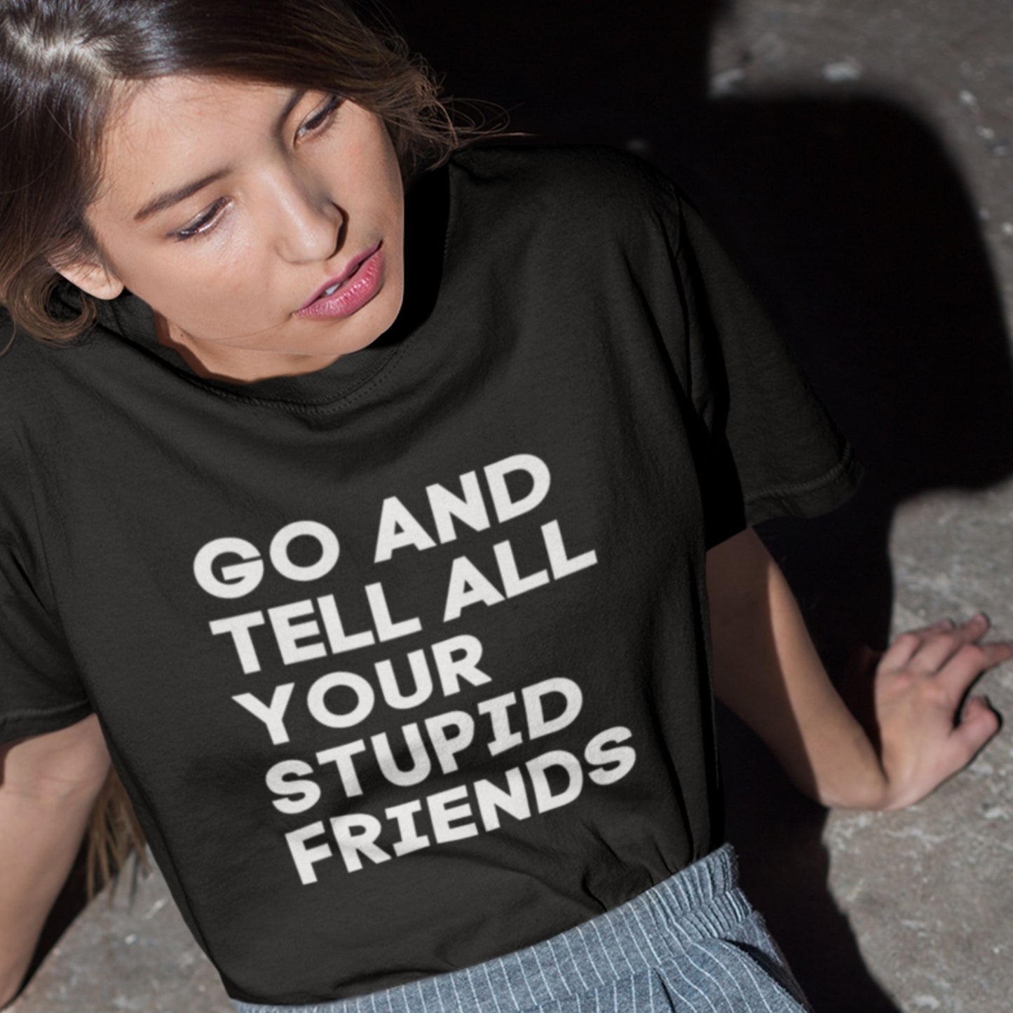 Model wearing a black t-shirt with white text 'GO AND TELL ALL YOUR STUPID FRIENDS' seated on the ground