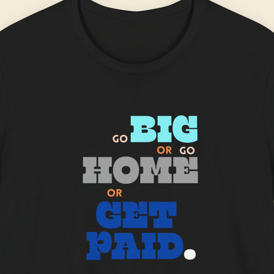 Black t-shirt with humorous colorful text on a beige background.