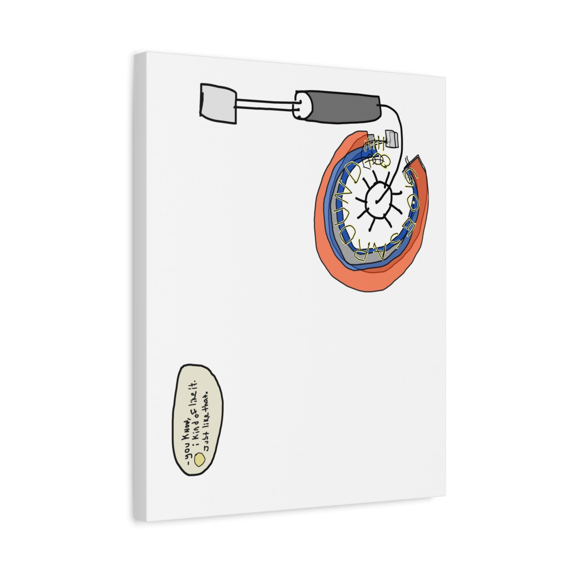 Angled view of a canvas print with what might be a horseshoe and clock design on a white background.