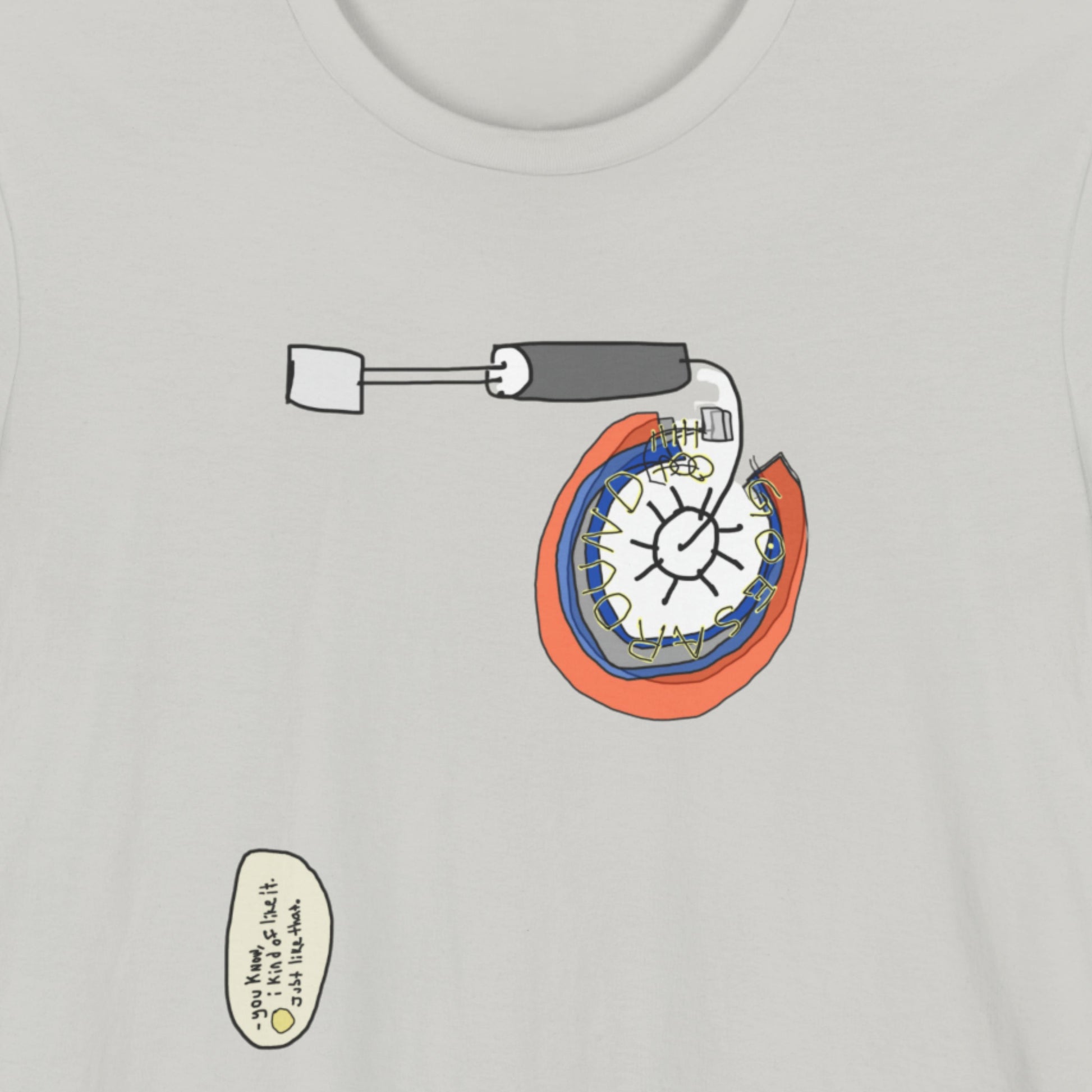 Grey t-shirt with a colorful abstract drawing on a beige background.