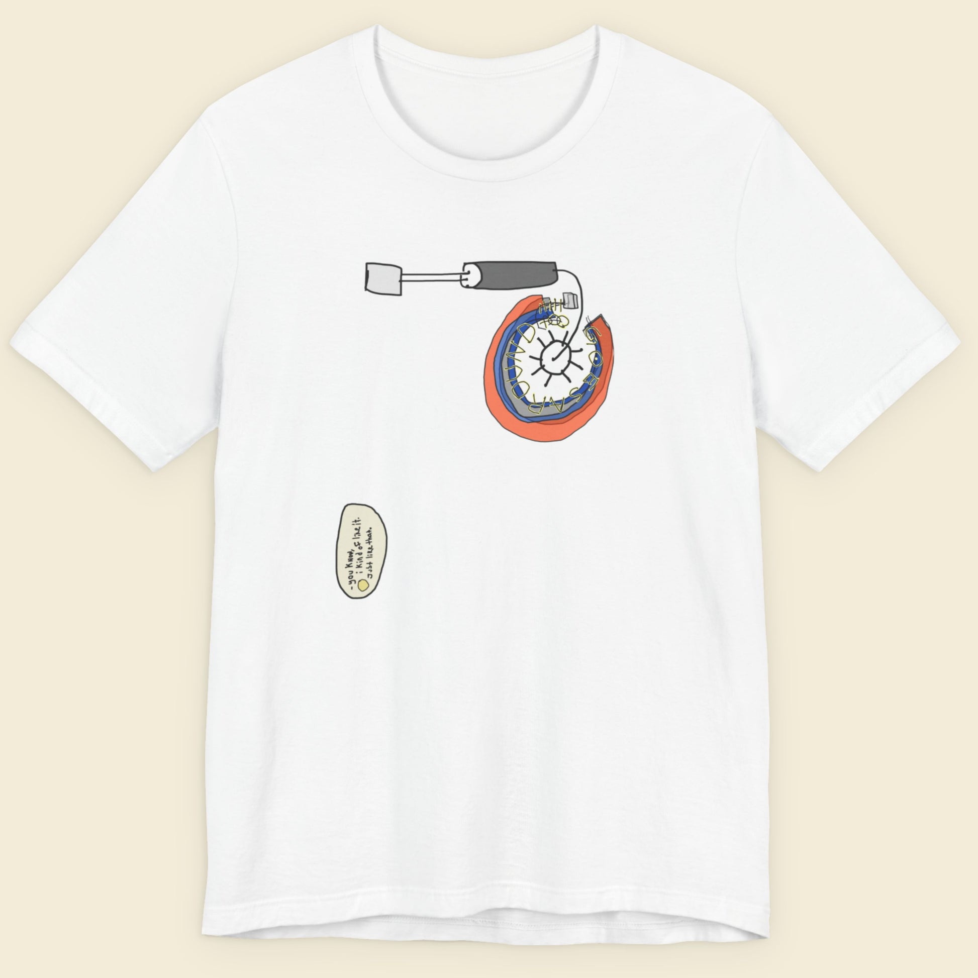 White t-shirt with a colorful graphic design on a beige background.