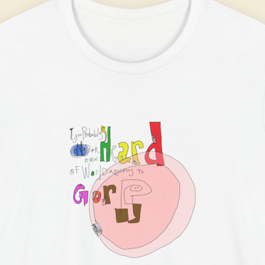 White t-shirt with a colorful abstract graffiti drawing on a beige background.