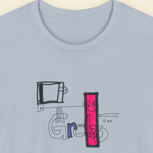 Light blue t-shirt with colorful abstract graffiti on a beige background.