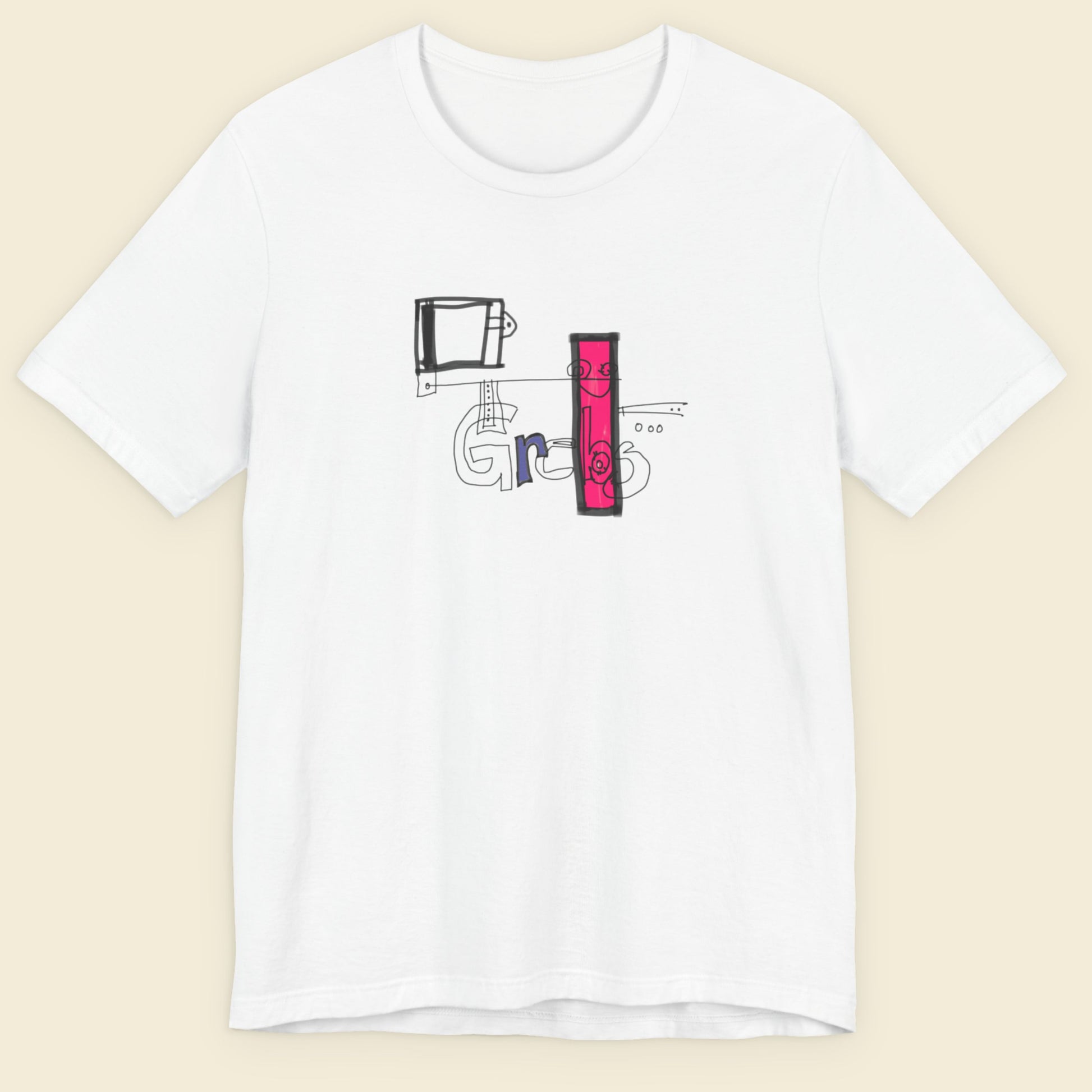 White t-shirt with colorful abstract graffiti on a beige background.