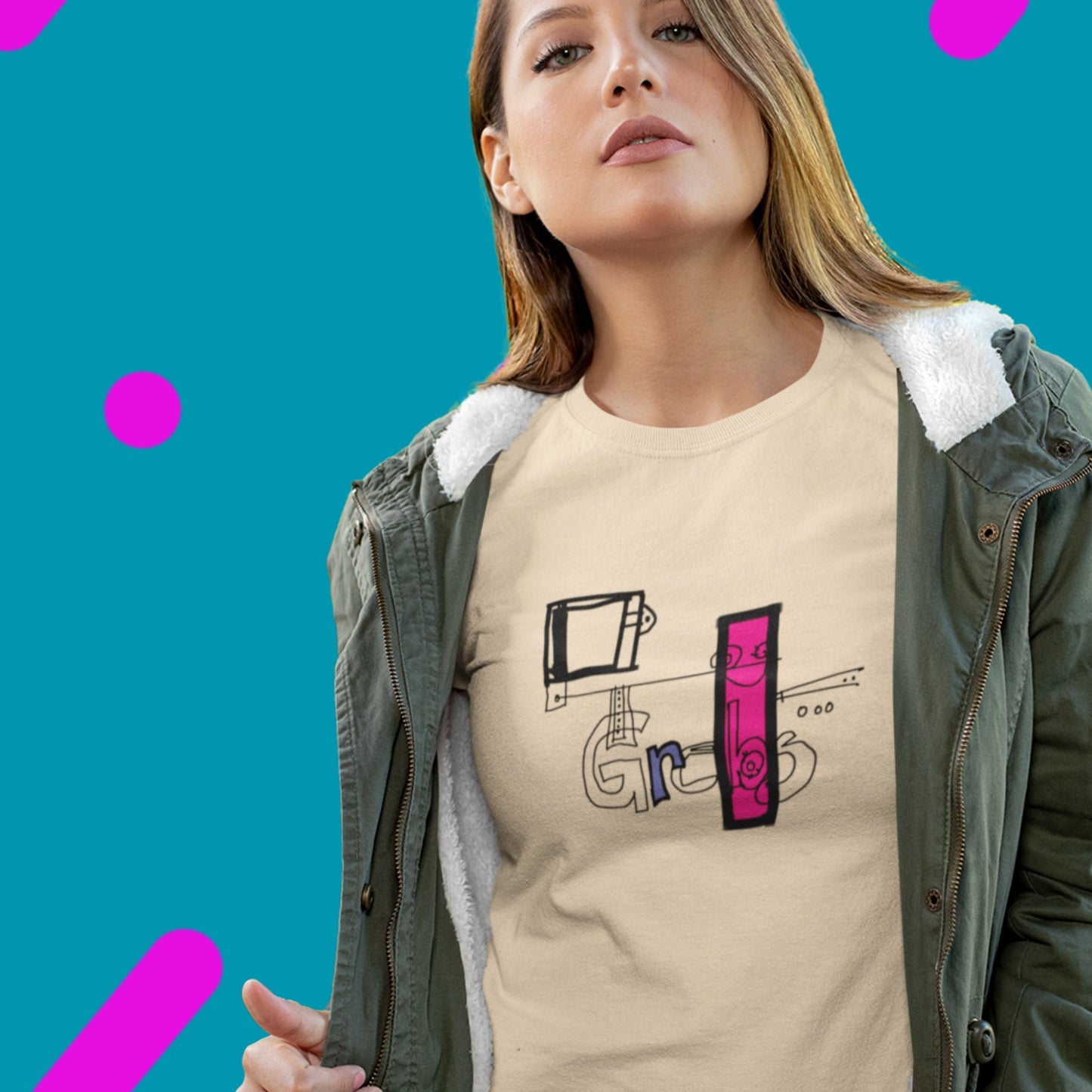 Woman wearing a cream colored t-shirt with colorful abstract graffiti on a colorful background.