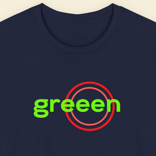 Navy blue t-shirt with humorous colorful text on a beige background.