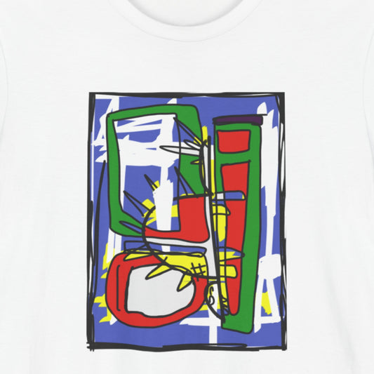 White shirt with a colorful abstract drawing.