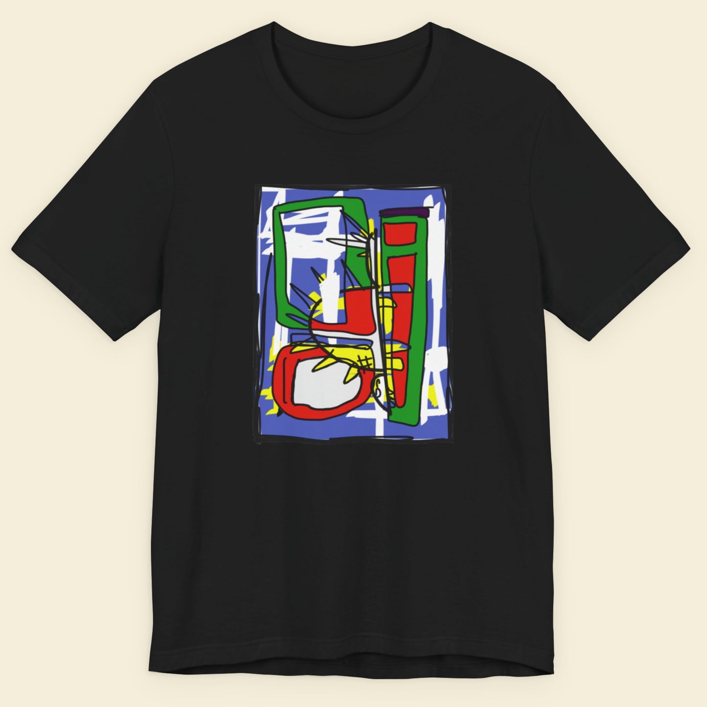 Black shirt with a colorful abstract drawing.
