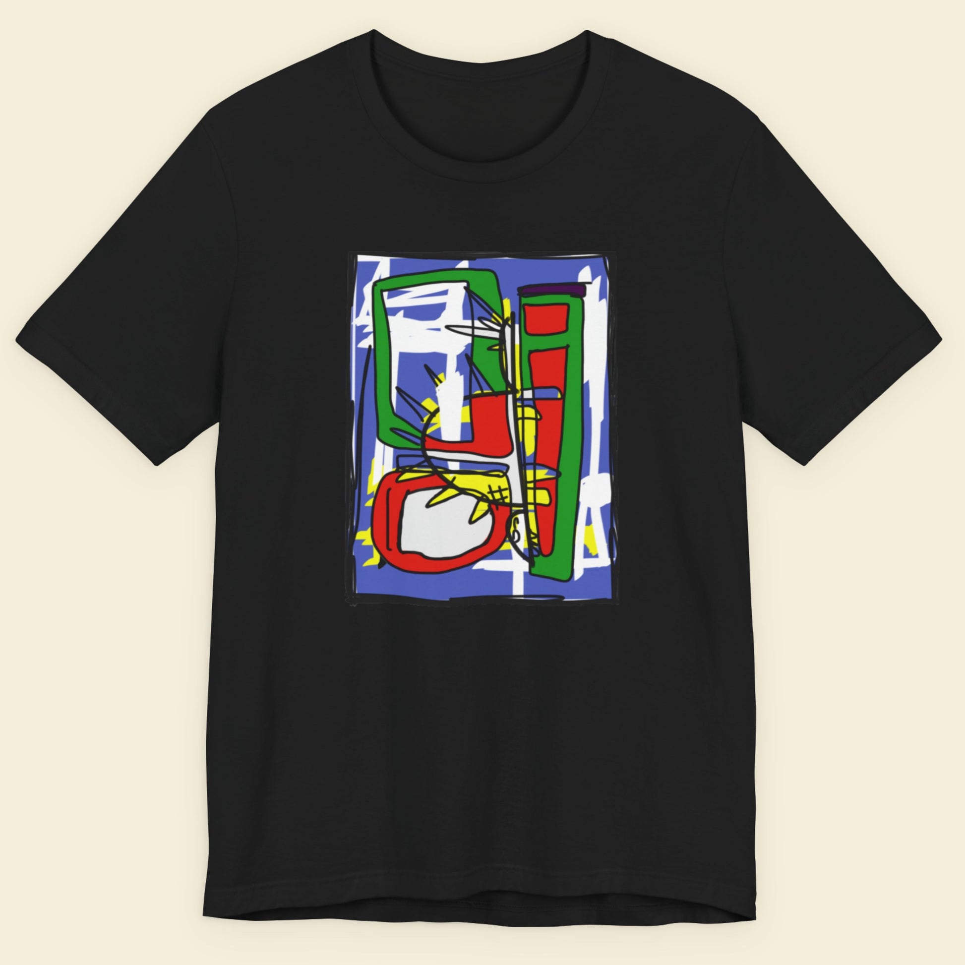 Black shirt with a colorful abstract drawing.