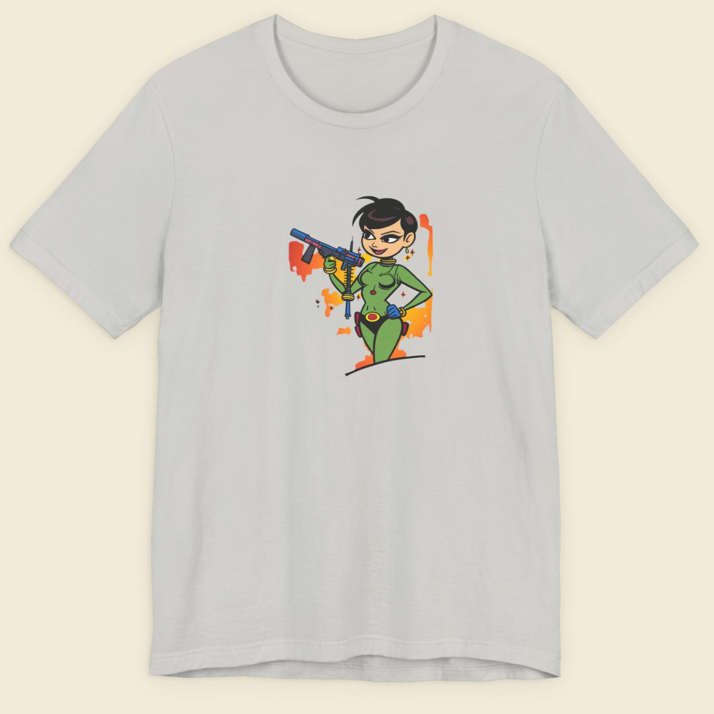Grey t-shirt with a fun, colorful cartoon illustration on a beige background.