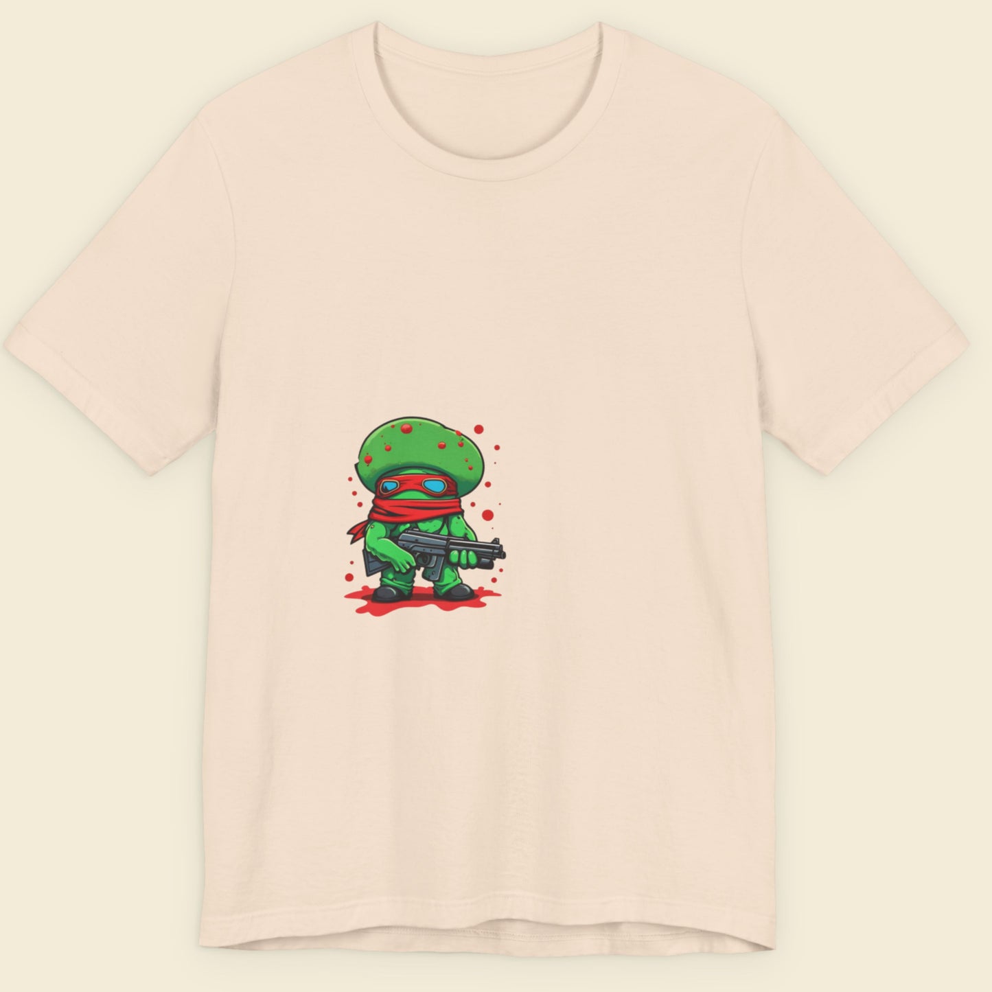 Beige t-shirt with cartoon character Tough Guy, Greg O. on a beige background.