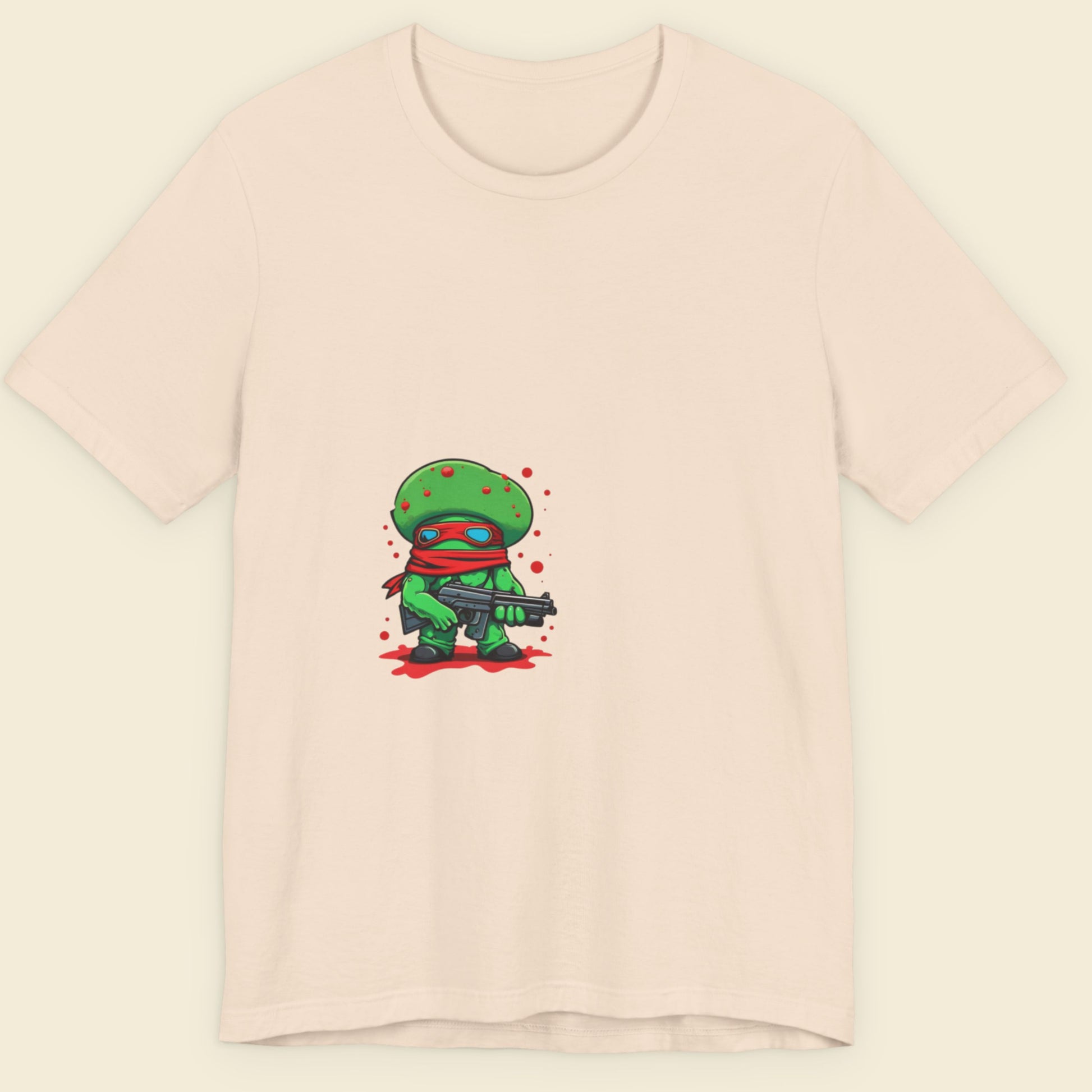Beige t-shirt with cartoon character Tough Guy, Greg O. on a beige background.
