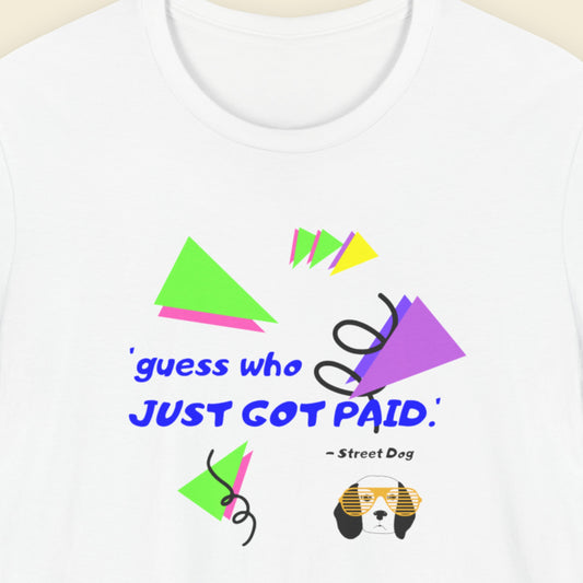 White t-shirt with colorful geometric design and text on a white background.