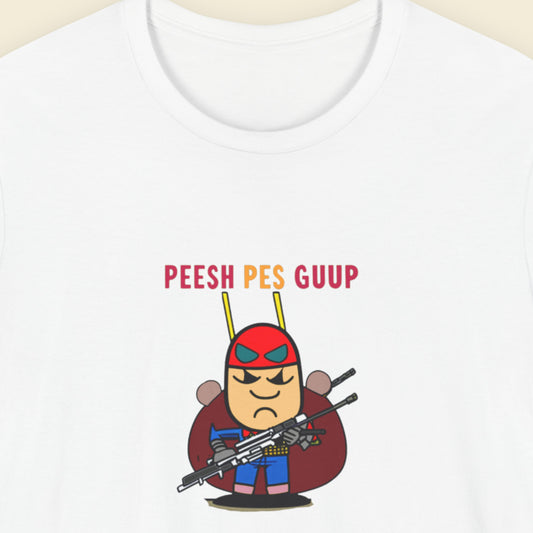 White t-shirt with a fun, colorful cartoon character illustration on a beige background.