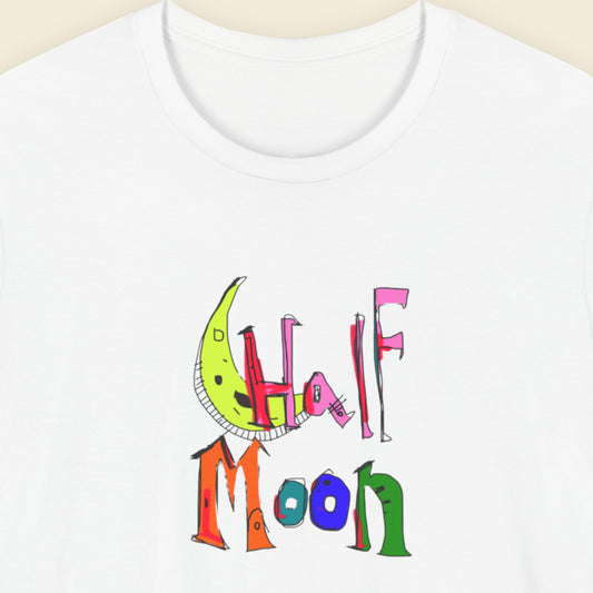 White t-shirt with a colorful abstract drawing on a beige background.