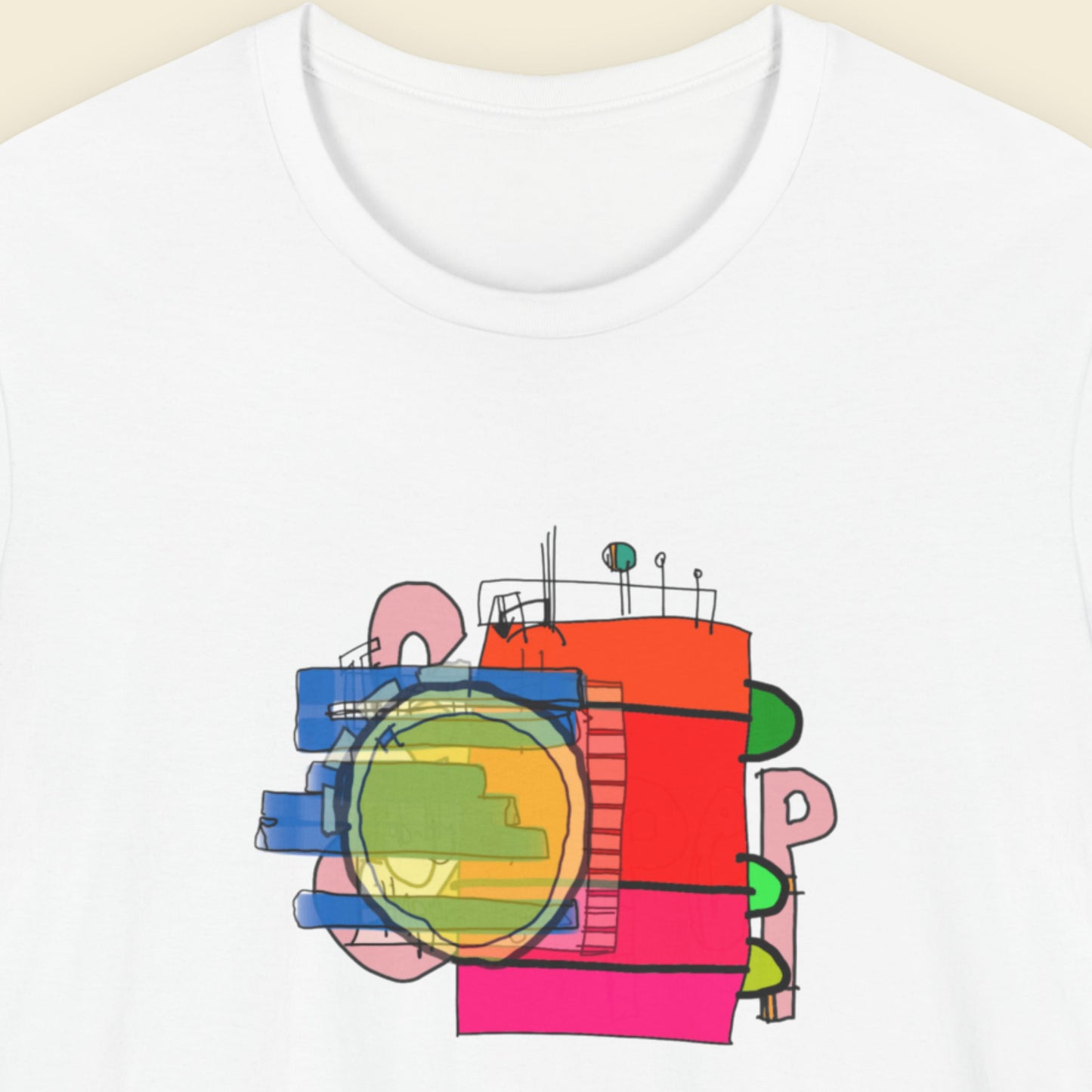 White t-shirt with a colorful abstract drawing on a beige background.