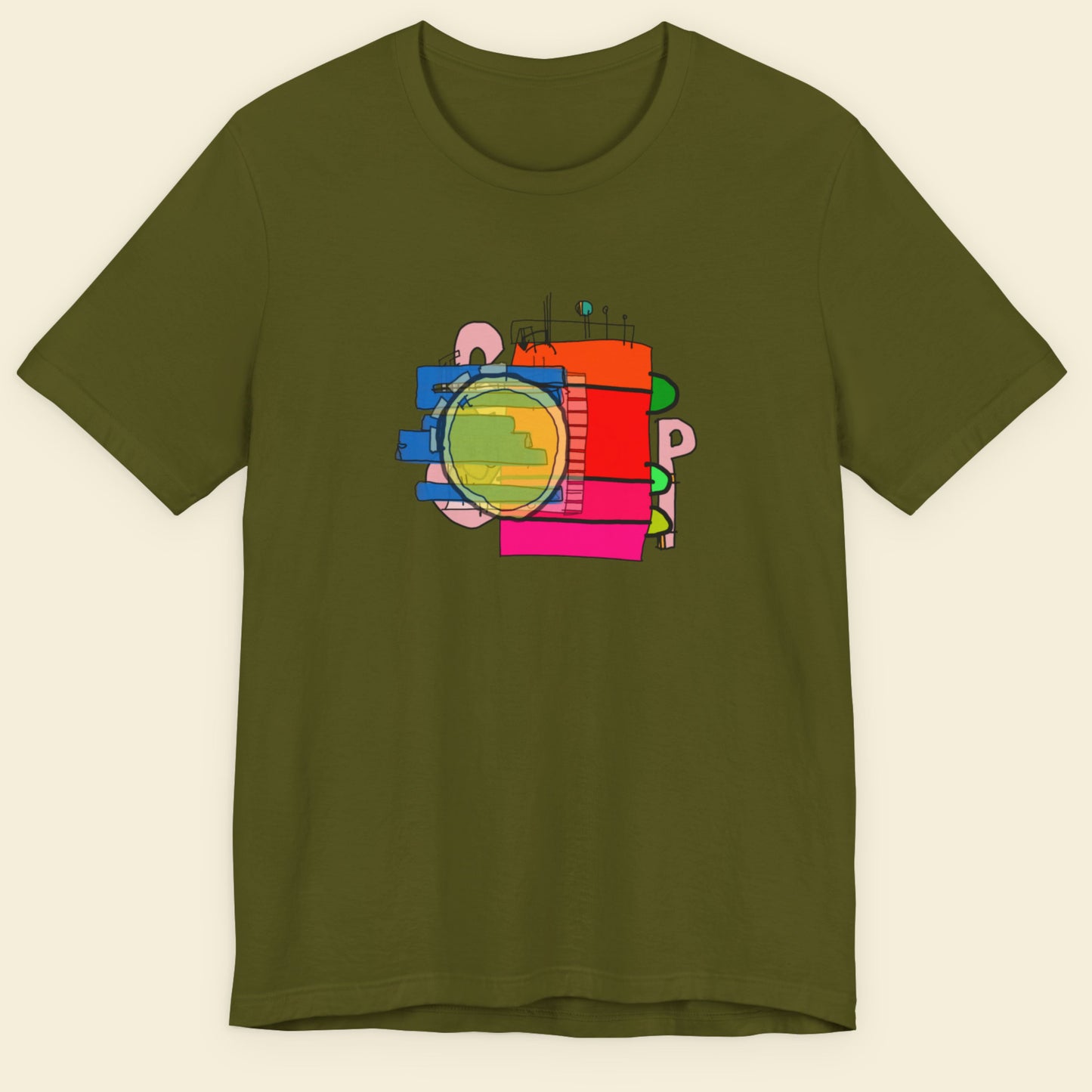 Green t-shirt with a colorful abstract expressionist drawing on a beige background.