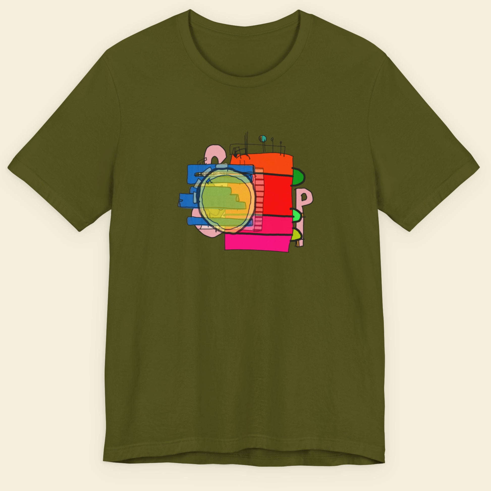 Green t-shirt with a colorful abstract expressionist drawing on a beige background.