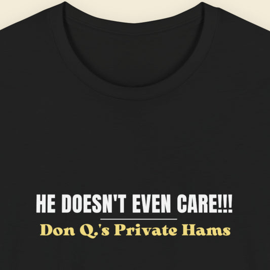 Black t-shirt with white and yellow text on a beige background.