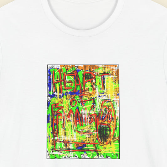 White t-shirt with colorful graphic design featuring the text 'Heart of Mango' on a beige background.