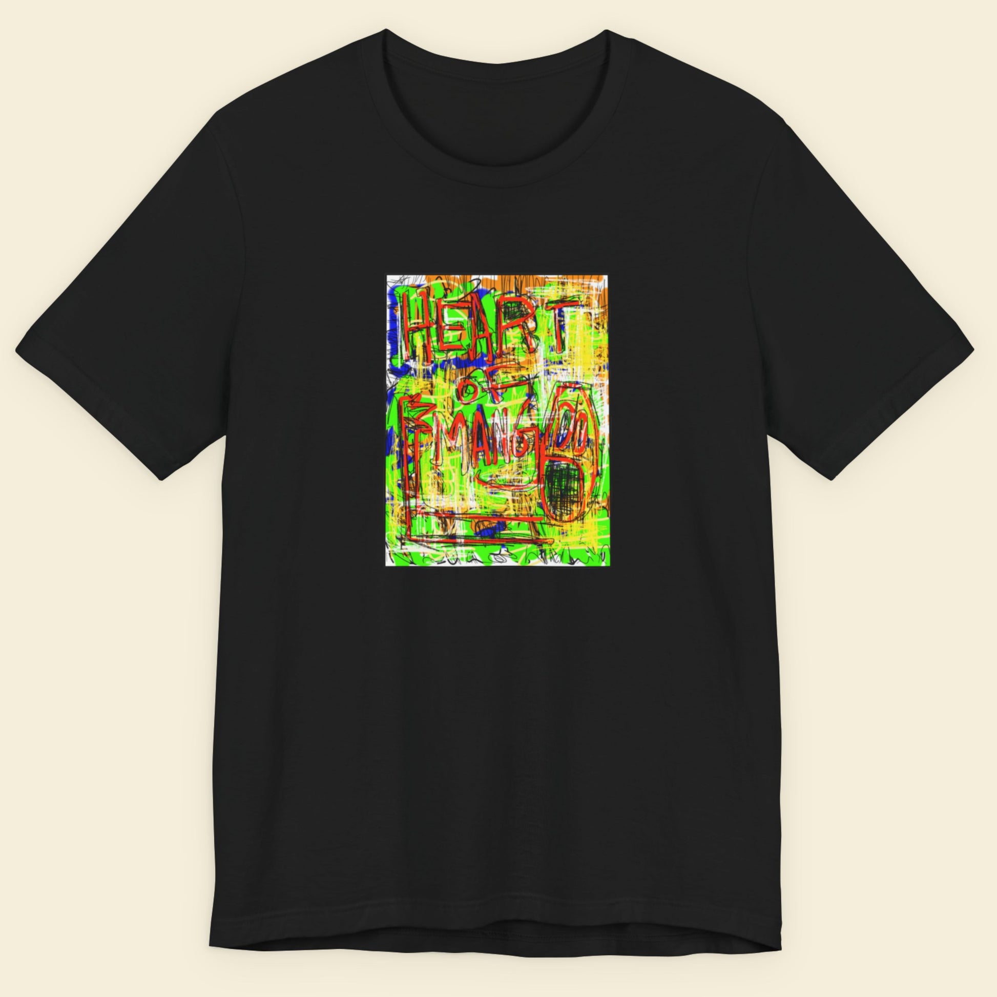 Black t-shirt with colorful abstract design on a beige background.