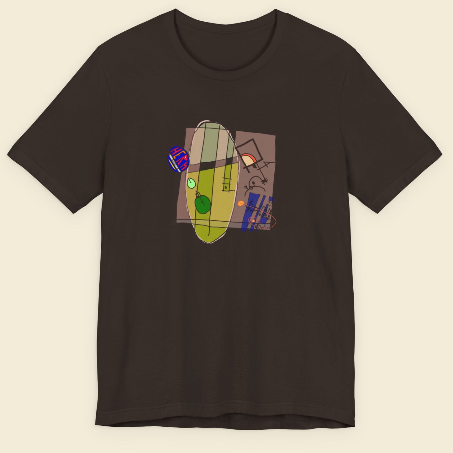 Brown t-shirt with a colorful abstract system drawing on a beige background.