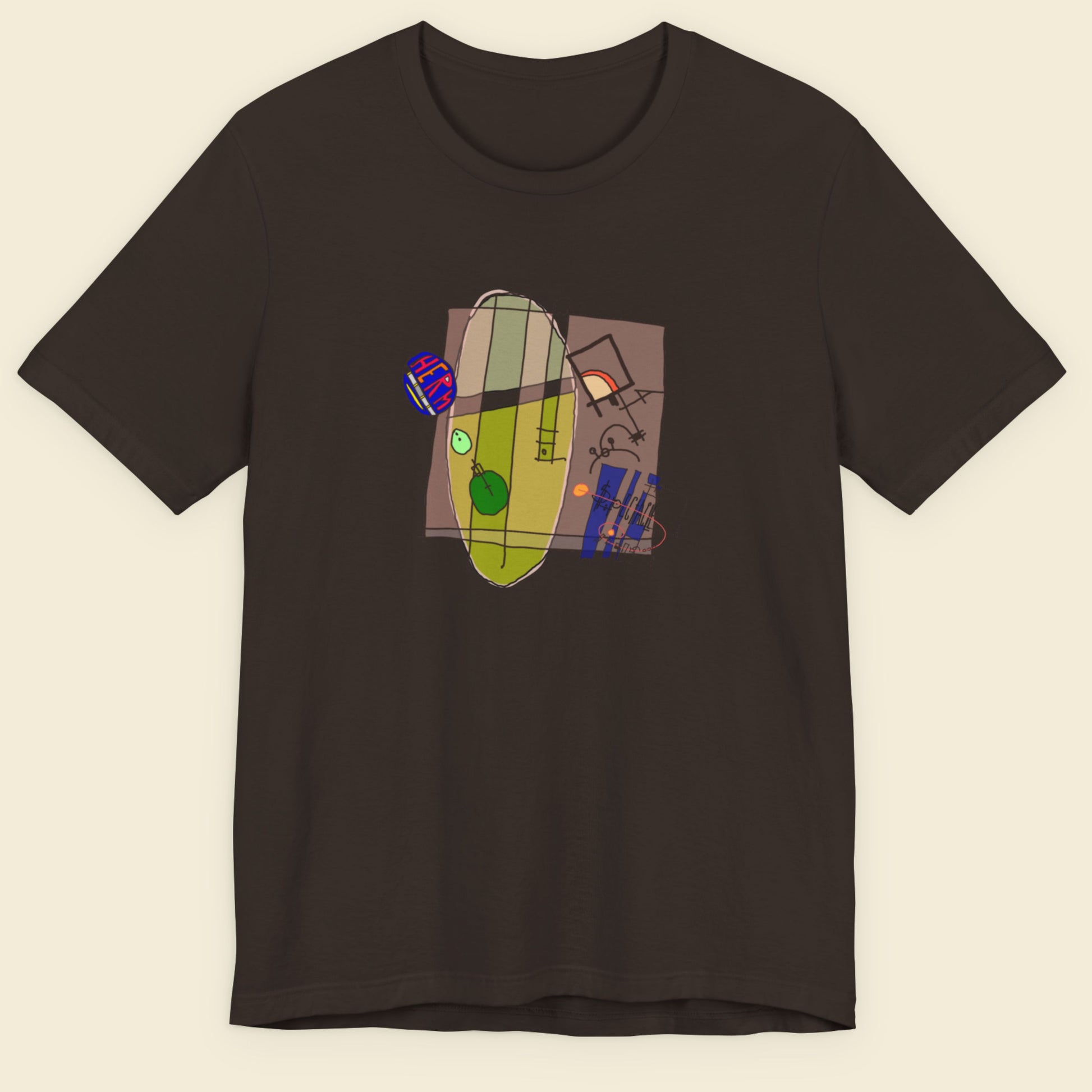 Brown t-shirt with a colorful abstract system drawing on a beige background.