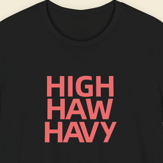 Black t-shirt with multicolored nonsensical  'high haw havy' text on a beige background.