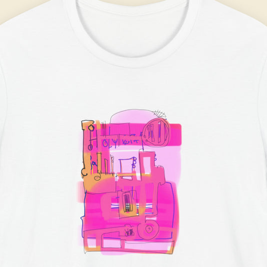 White t-shirt with a colorful abstract drawing on a beige background.