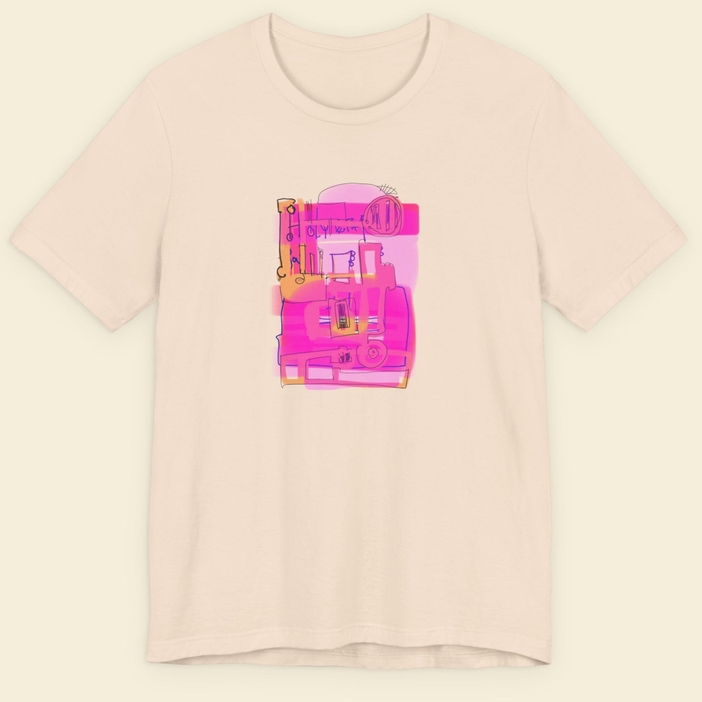 Beige t-shirt with a colorful abstract drawing on a beige background.