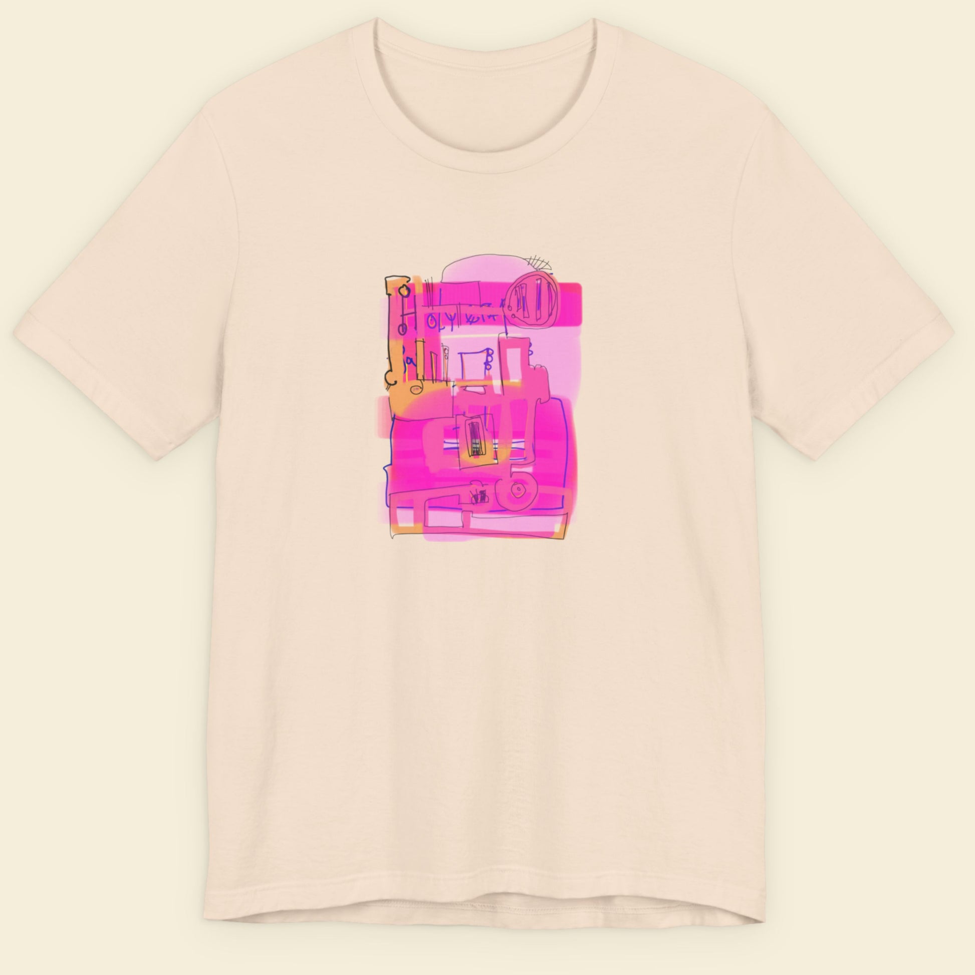 Beige t-shirt with a colorful abstract drawing on a beige background.