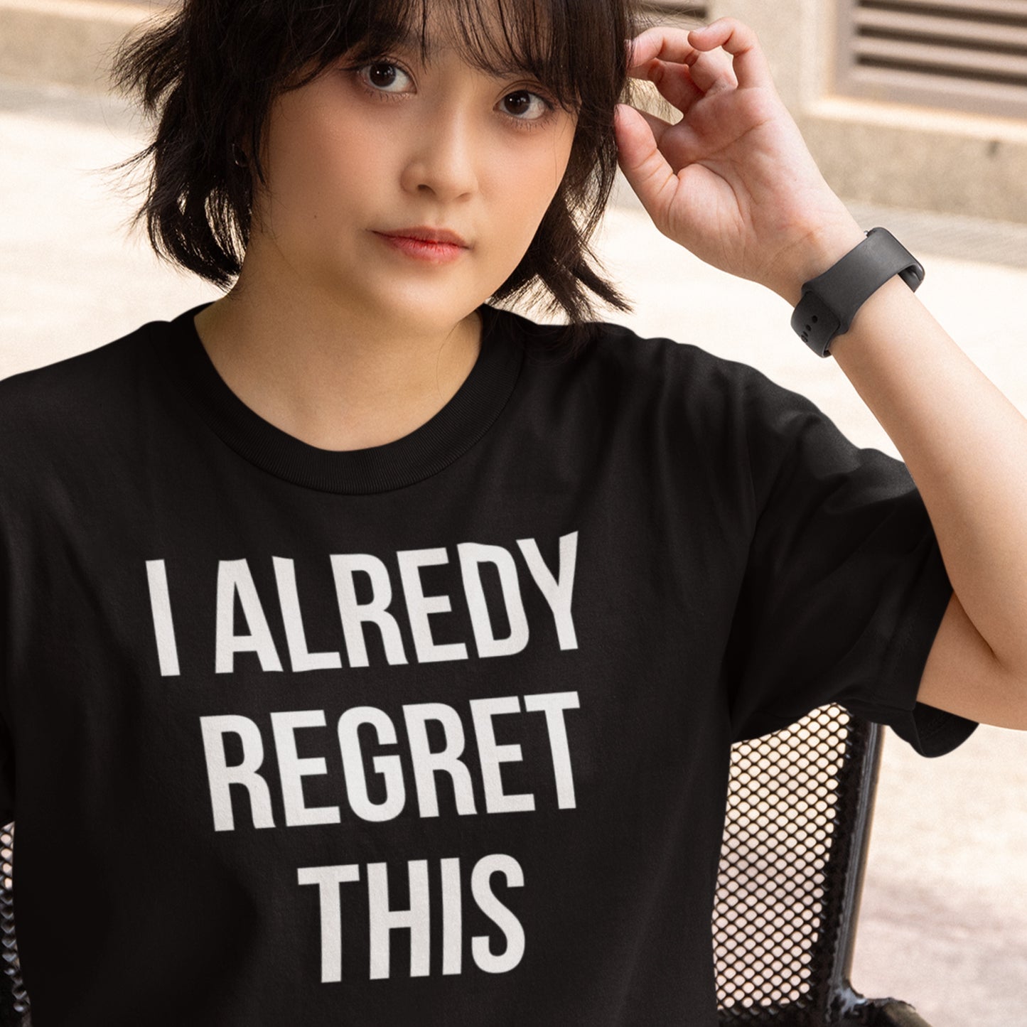 I already regret this text t-shirt black minimalist design model