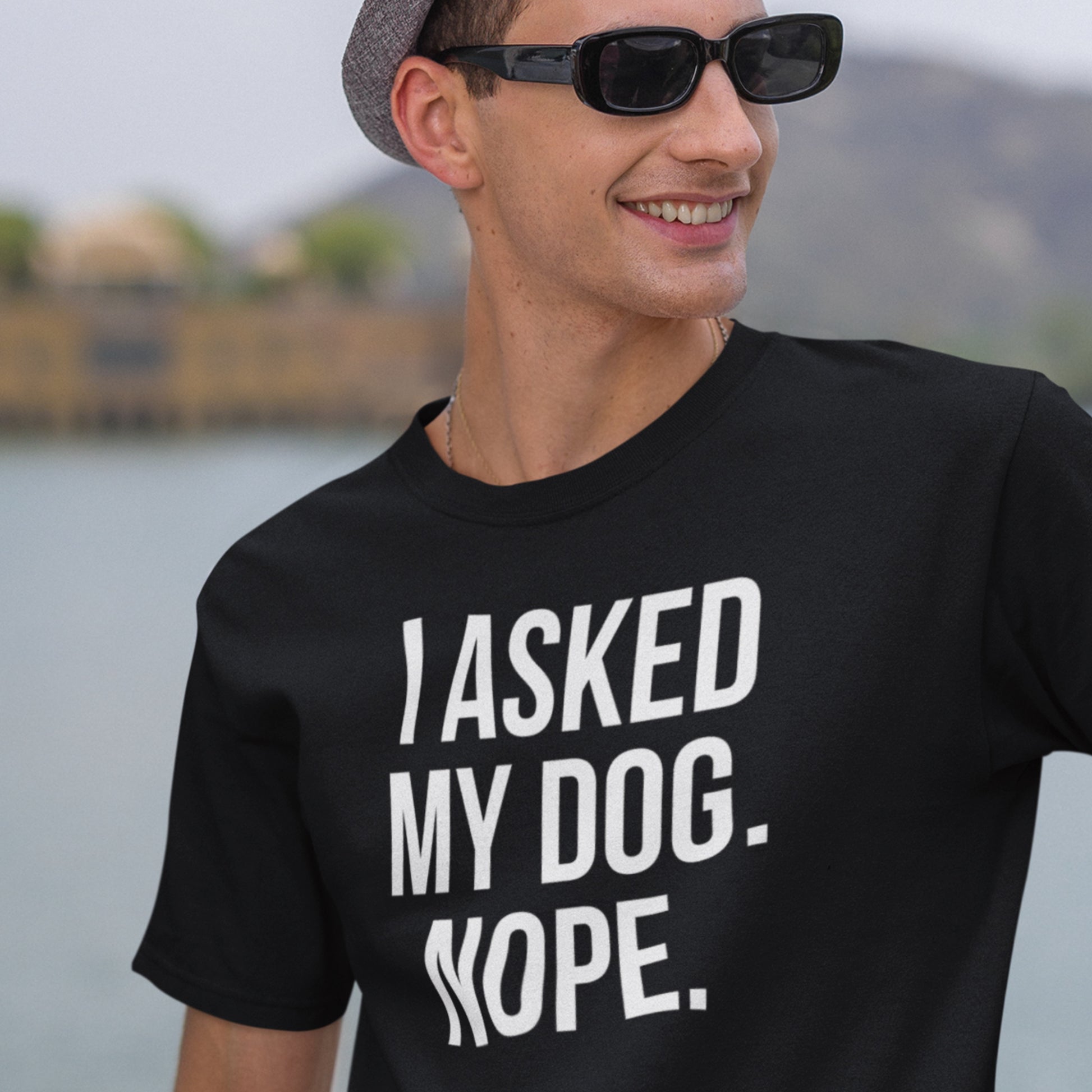 I asked my dog nope text t-shirt black minimalist design model