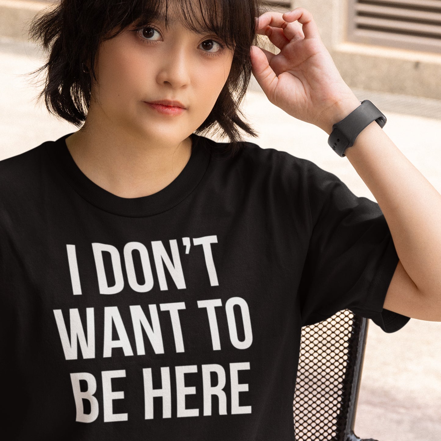 I don't want to be here text t-shirt black minimalist design model