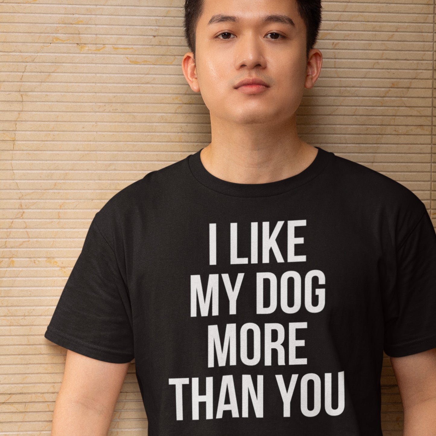 I like my dog more than you text t-shirt black minimalist design model