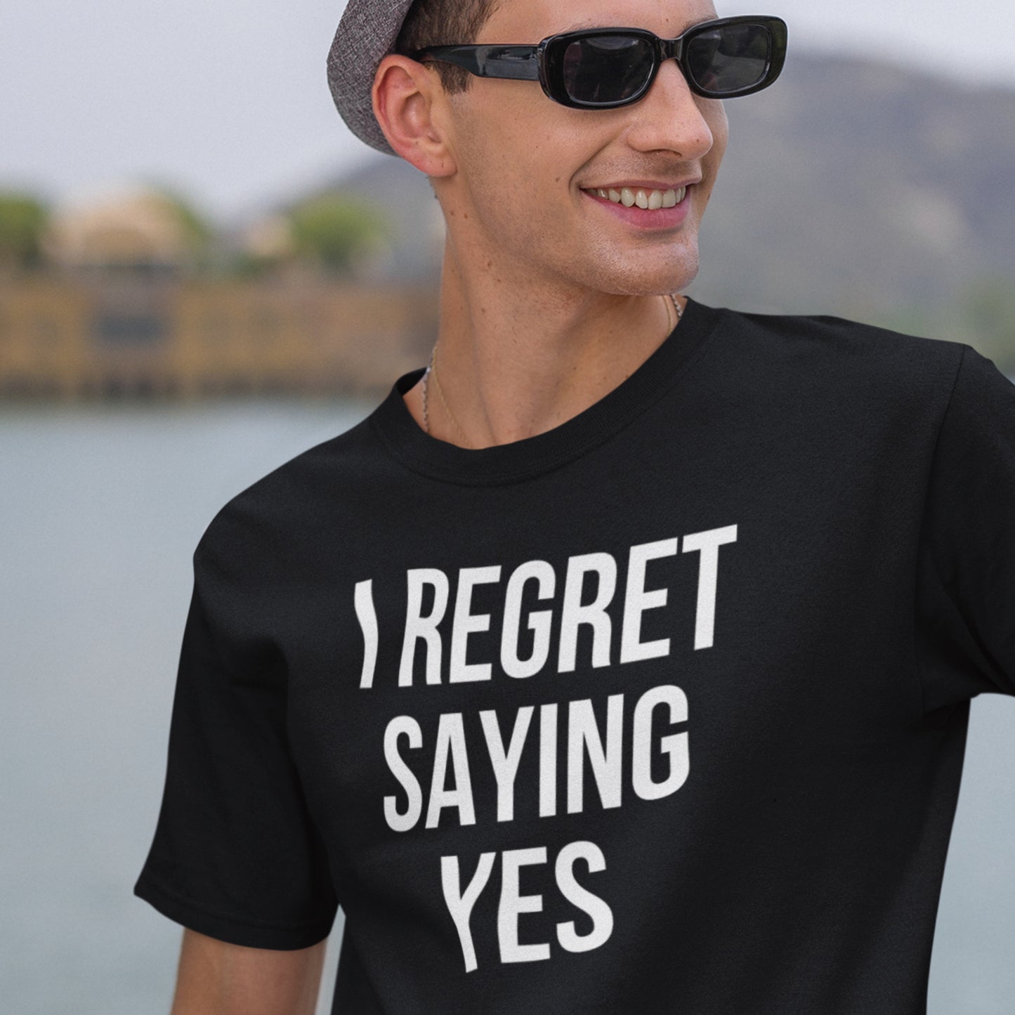 I regret saying yes text t-shirt black minimalist design model