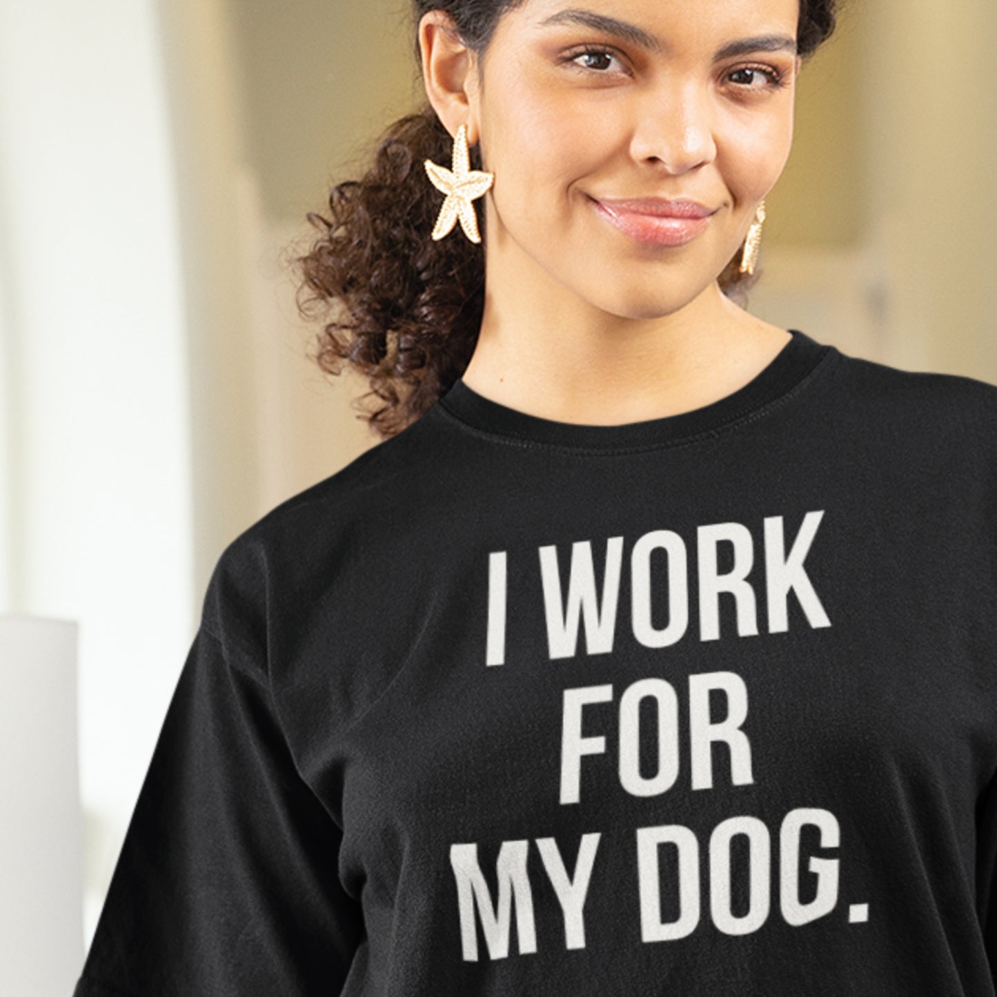 I work for my dog text t-shirt black dog lover design model