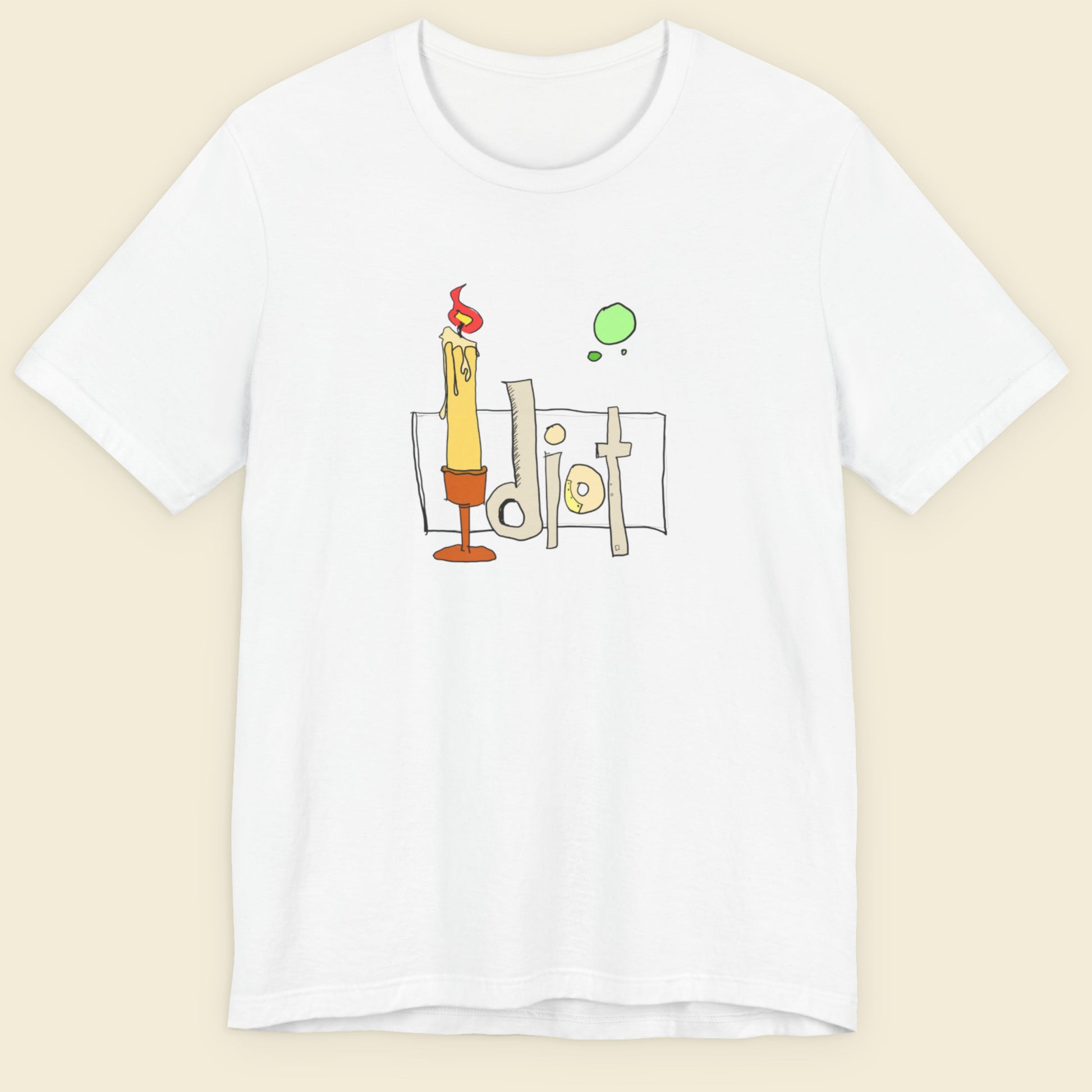 White t-shirt with a colorful abstract comic book style drawing on a beige background.