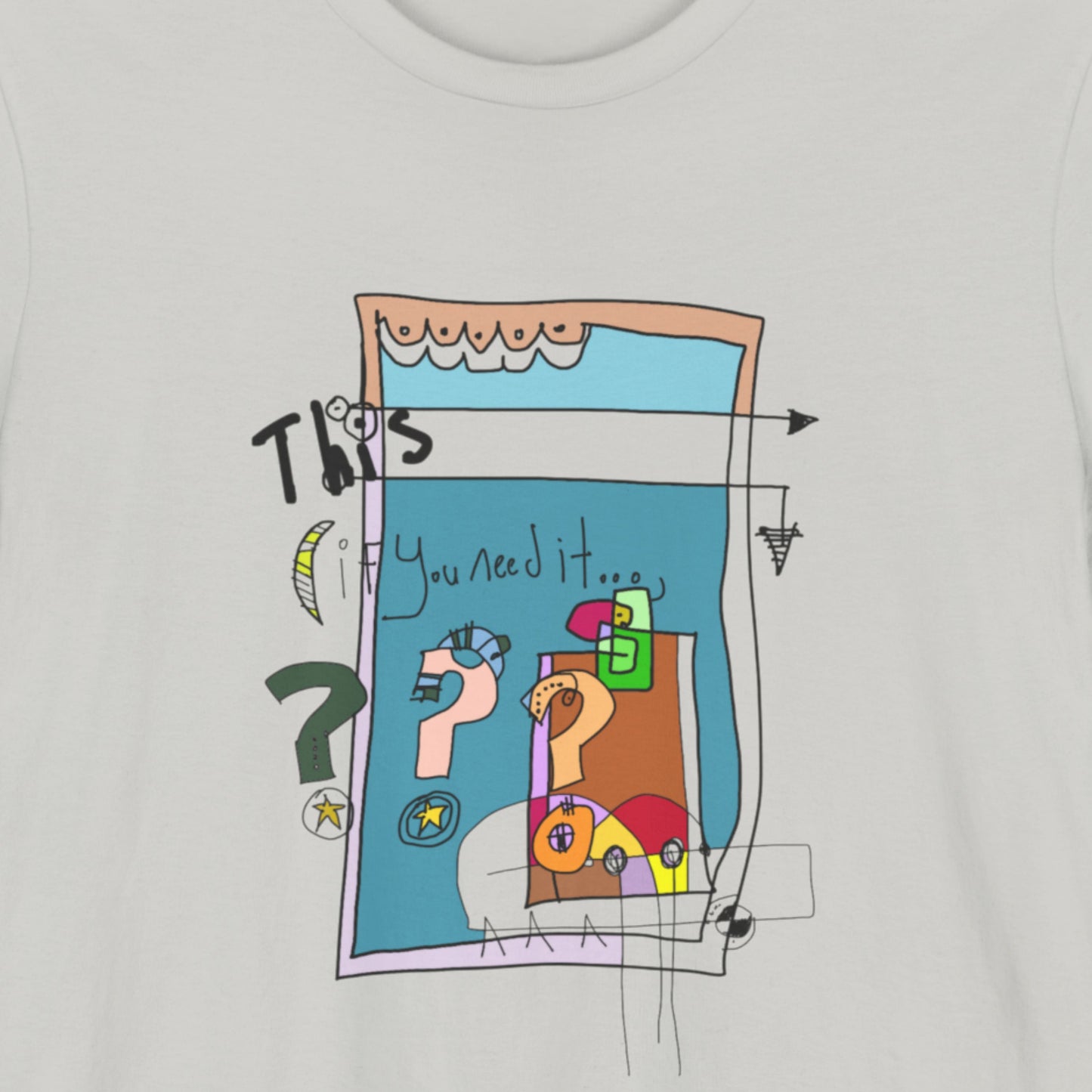 Grey t-shirt with a colorful abstract drawing on a beige background.