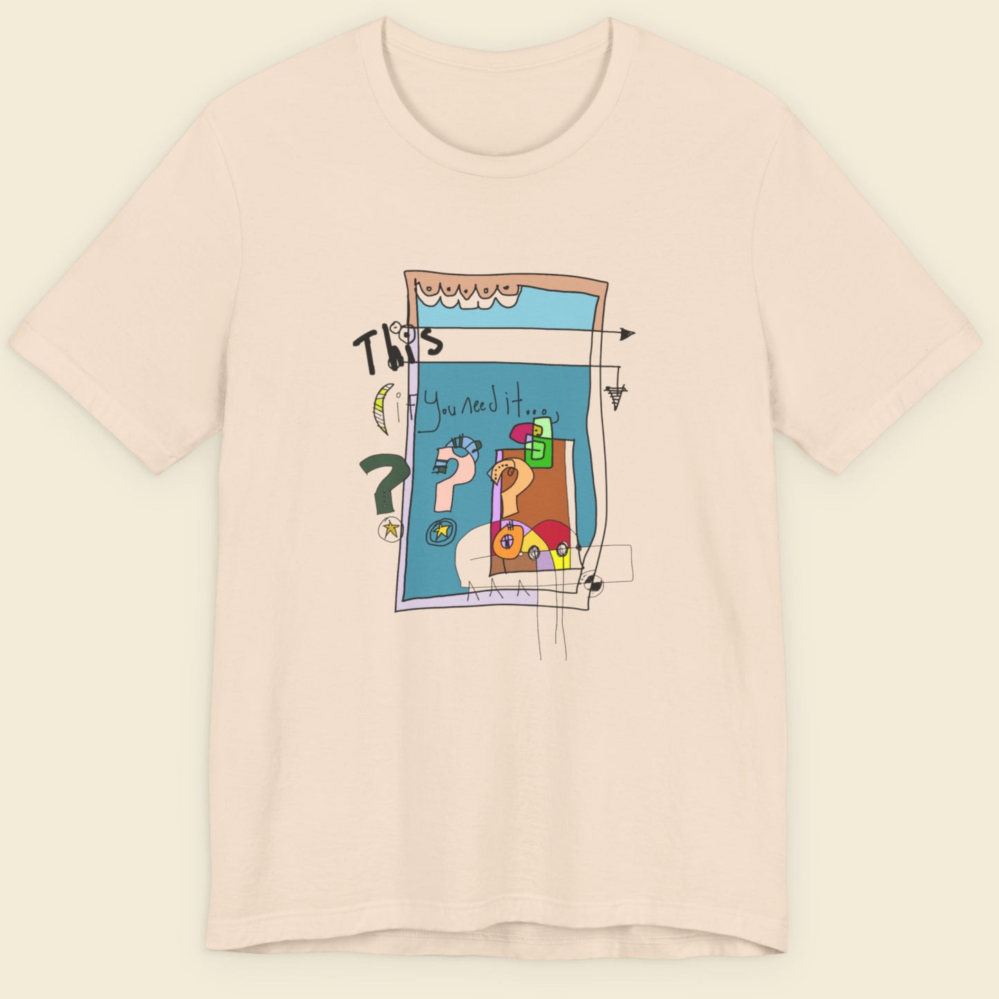 t-shirt with a colorful abstract drawing on a beige background.