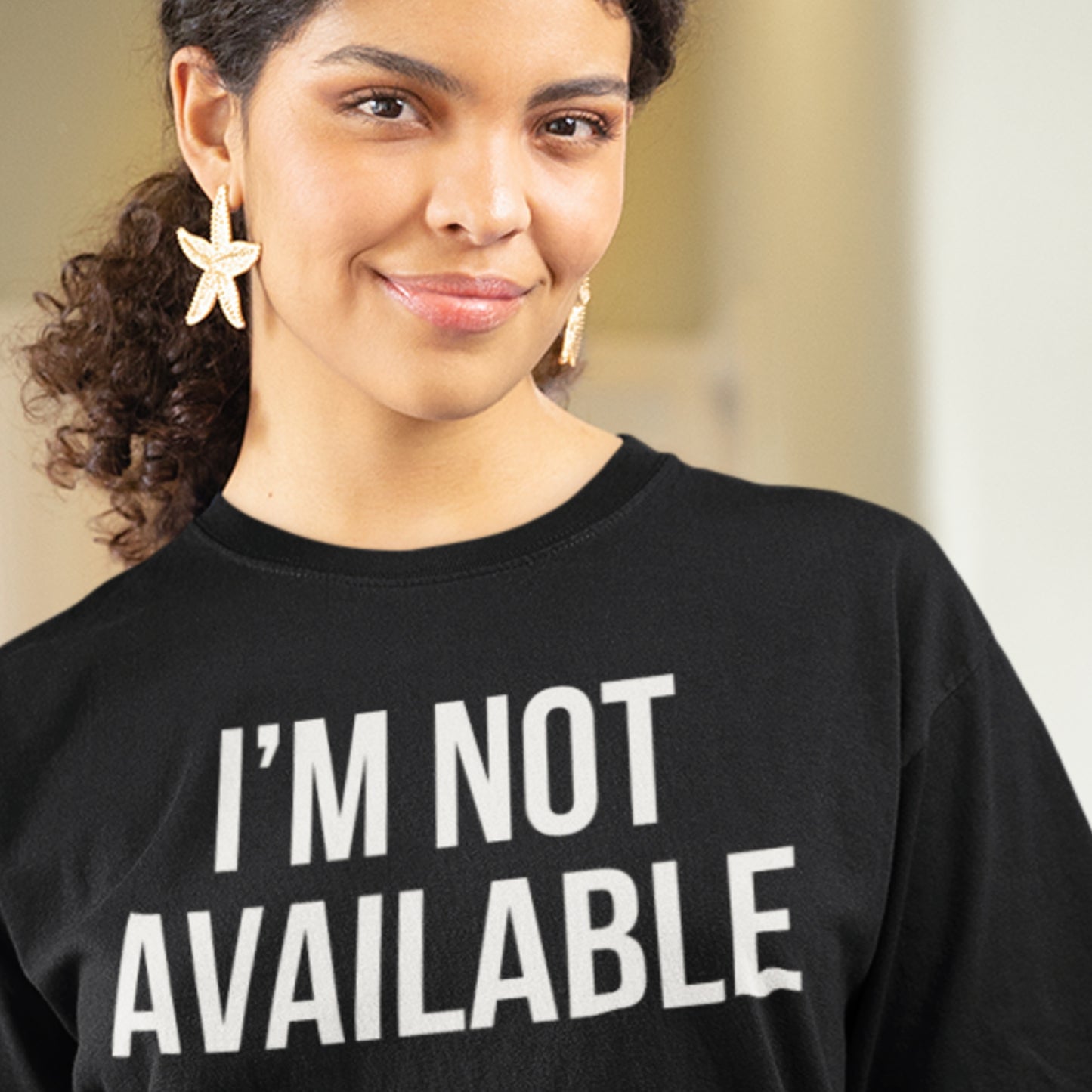 I'm not available text t-shirt black minimalist design model