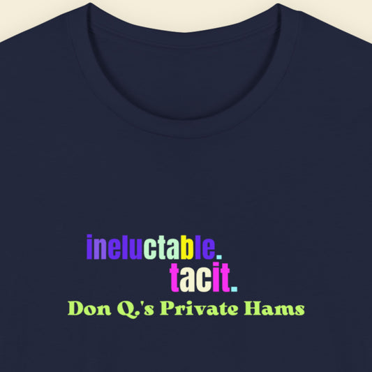 Navy blue t-shirt with colorful text on a beige background.