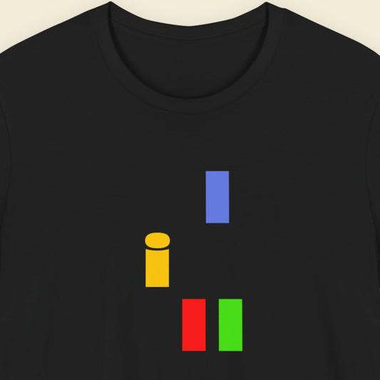 Black t-shirt with colorful abstract shapes  on a beige background.