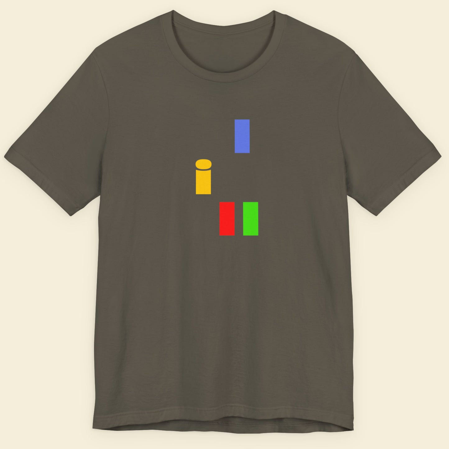 Gray t-shirt with colorful geometric shapes on a beige background