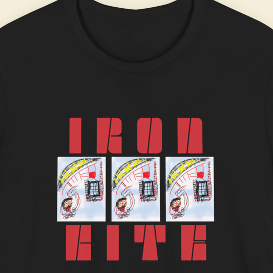 Black t-shirt with red text and cartoon designs on a beige background.