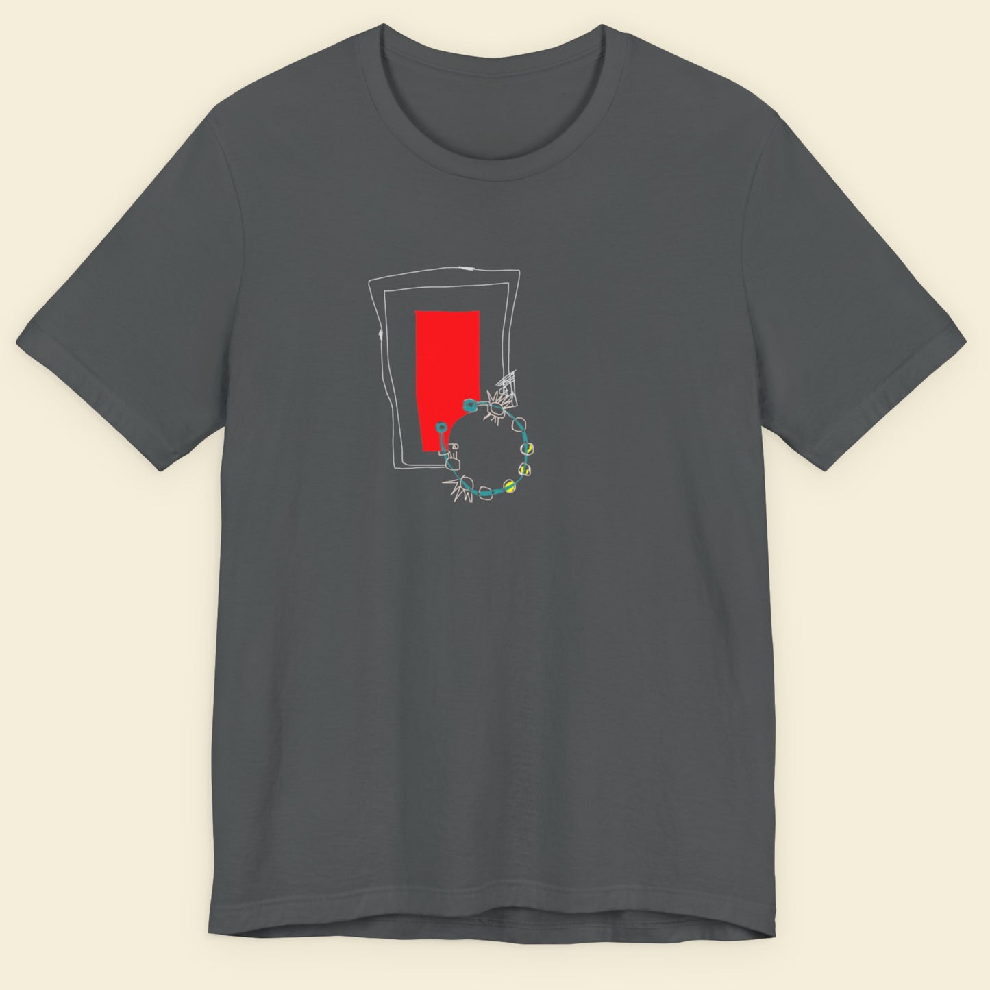 Gray t-shirt with a graphic design featuring a red rectangle and white lines on a beige background.