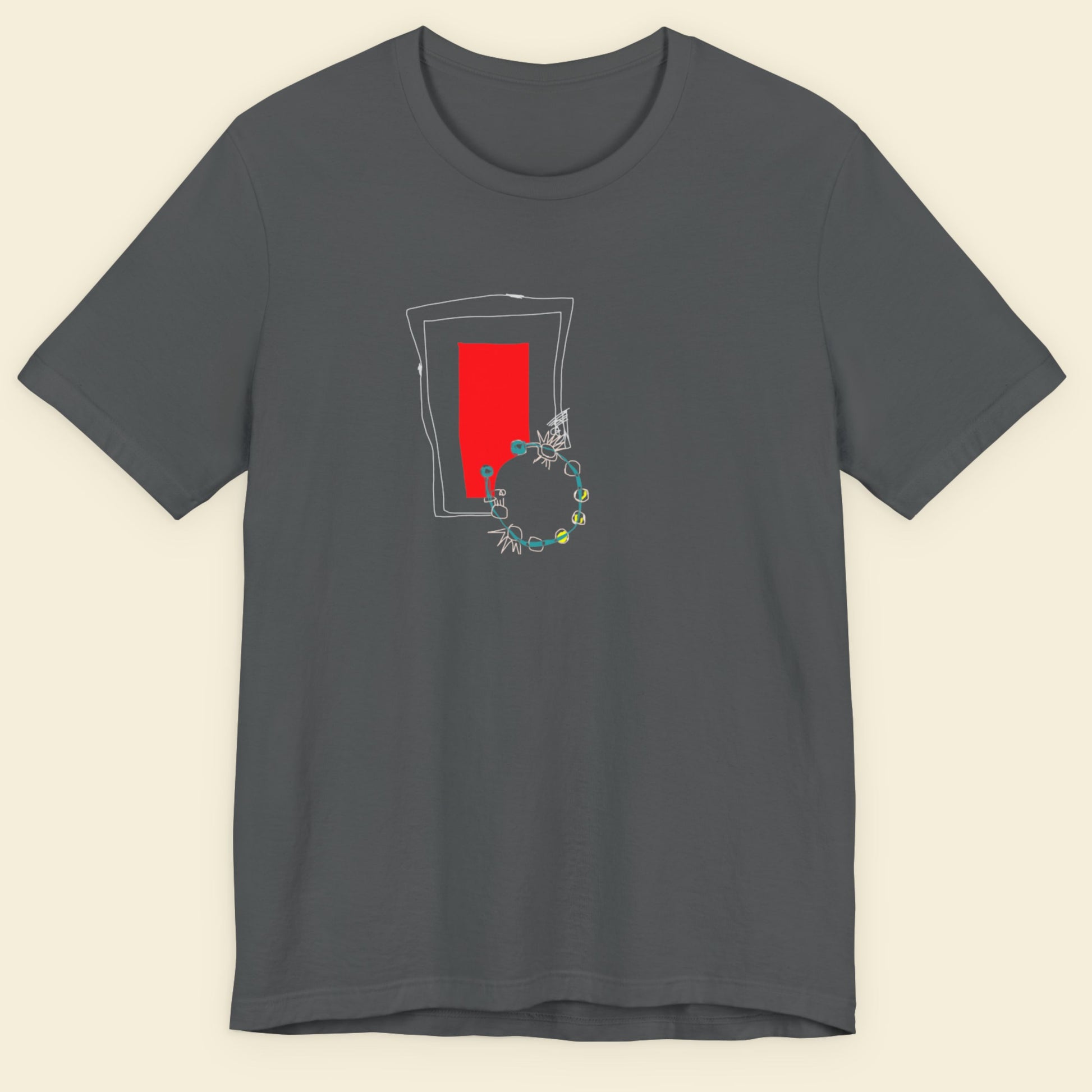 Gray t-shirt with a graphic design featuring a red rectangle and white lines on a beige background.