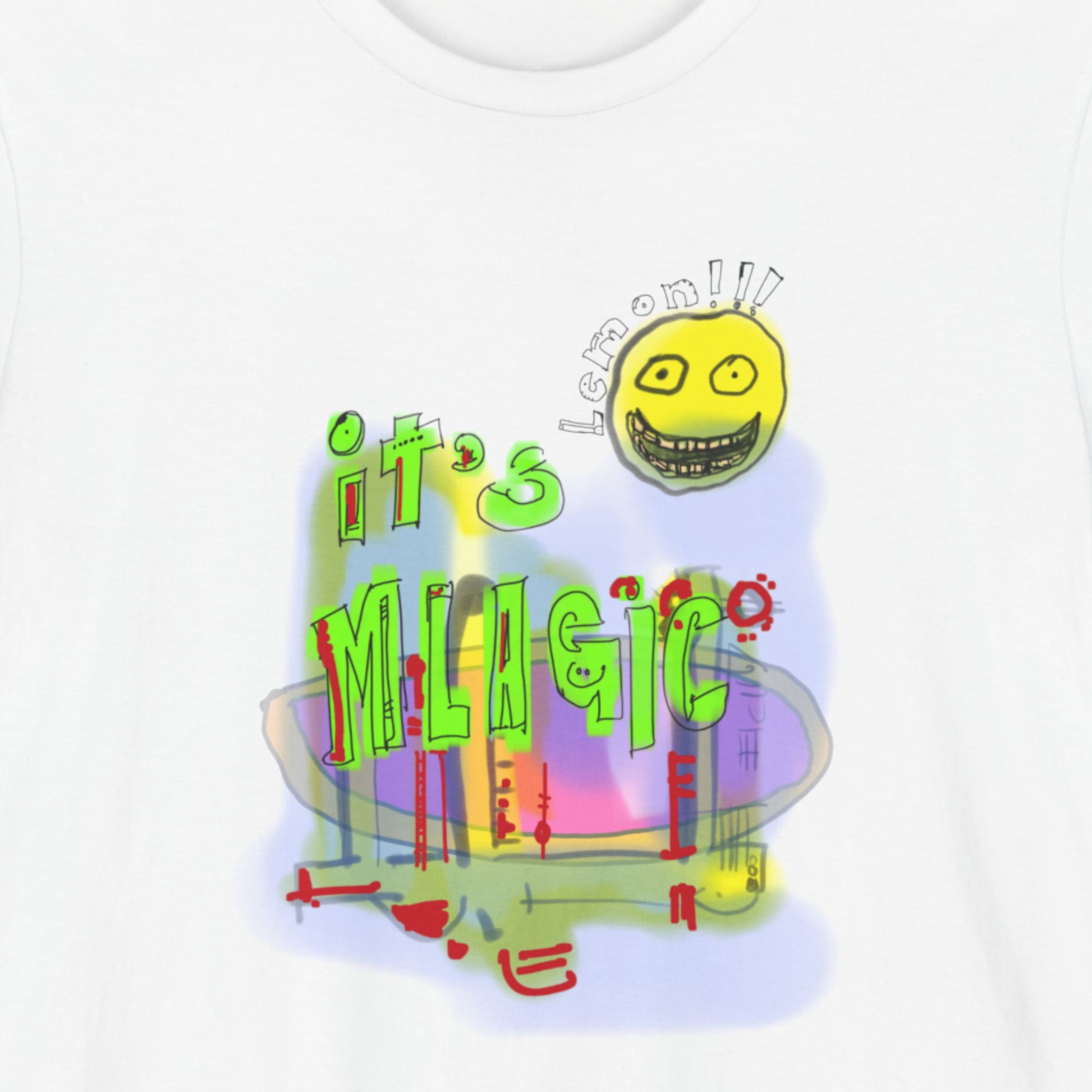 White t-shirt with a fun and colorful abstract drawing.