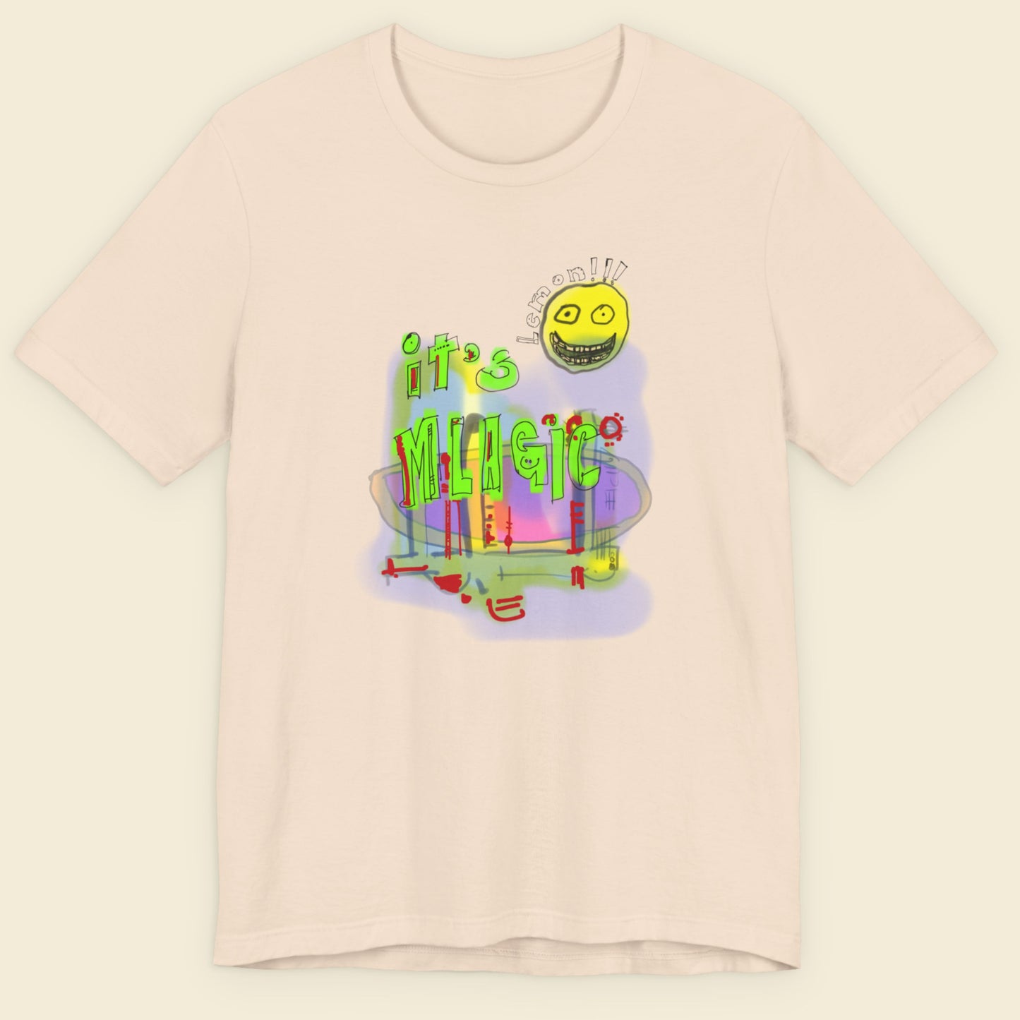 Beige t-shirt with a colorful graphic design on a beige background.